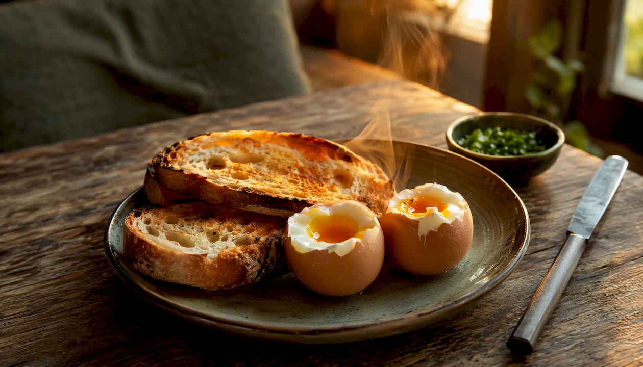 Plate with two soft-boiled eggs and toast soldiers