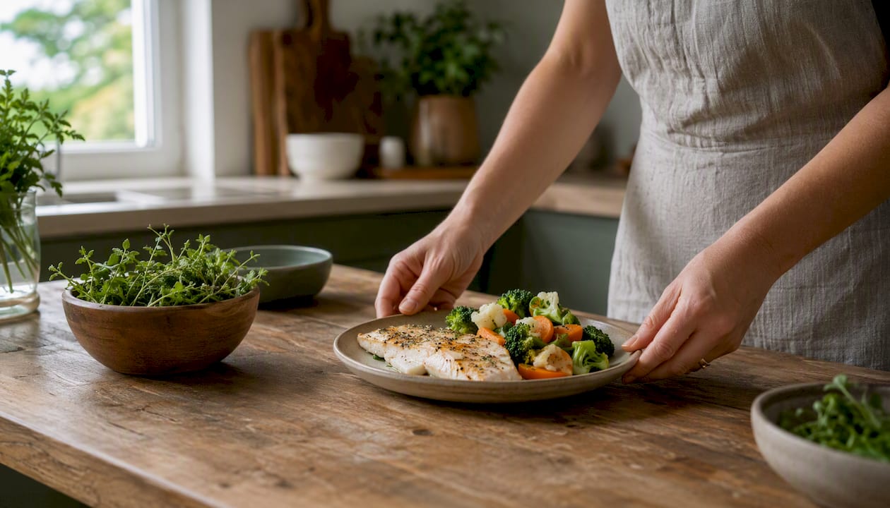 Hands plating low-fat meal with herbs in kitchen