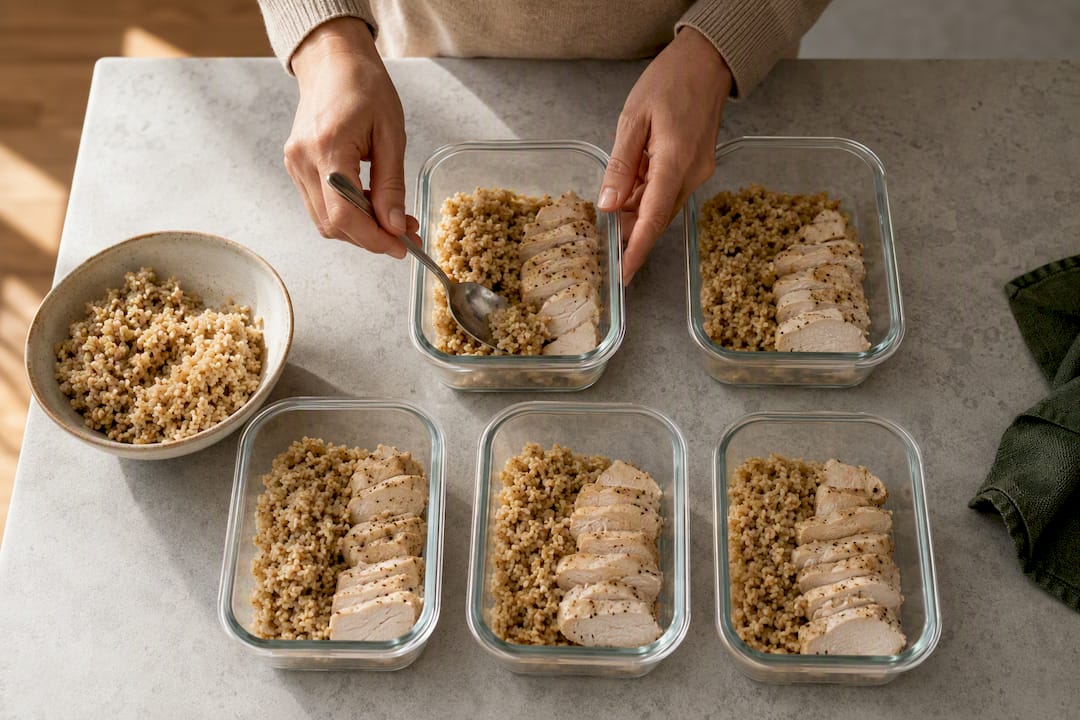 Batch-cooked grains and protein portions