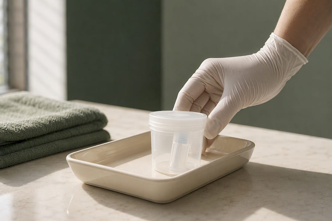 Sealed stool sample container in clinical tray