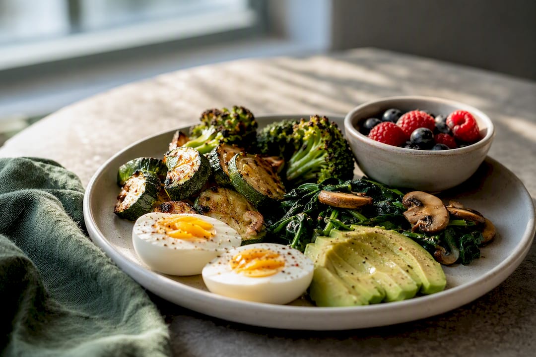 Balanced plate of vegetables protein and berries