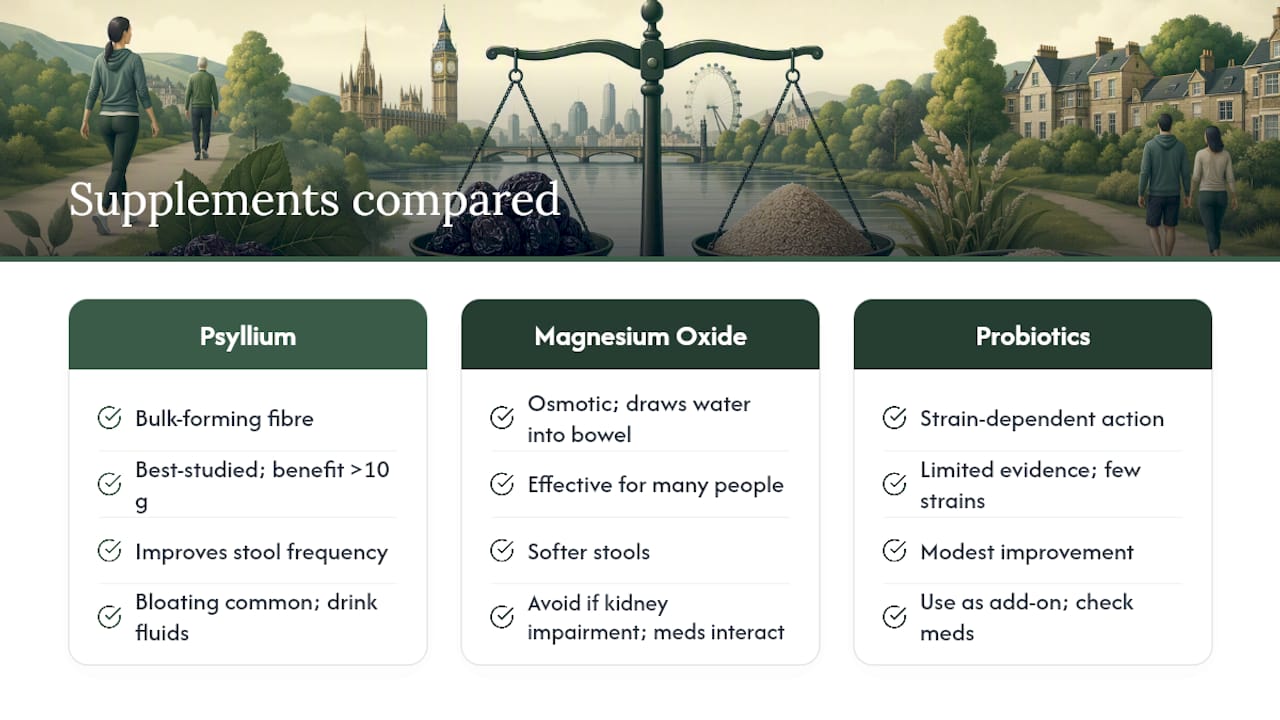 Psyllium, magnesium and probiotic evidence comparison