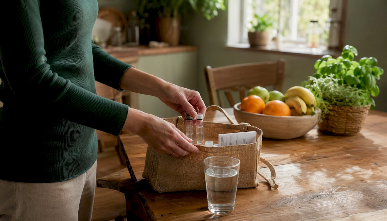 Hands preparing saliva cortisol test kit