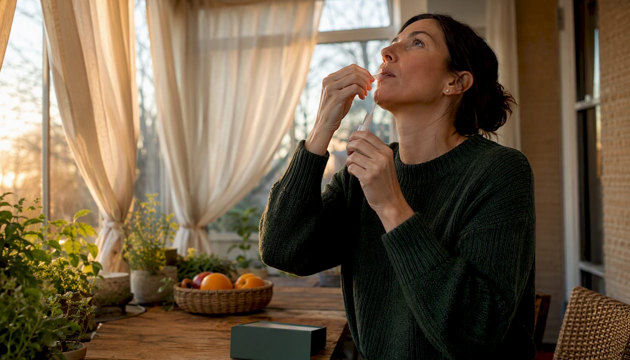 Woman collecting saliva sample at home