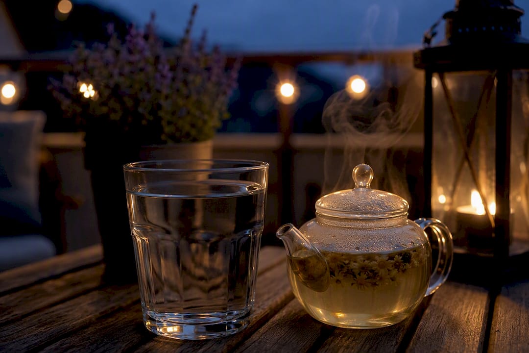Glass of water and chamomile tea on bedside table