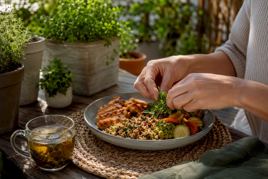 Hands plating plant-forward balanced dinner meal