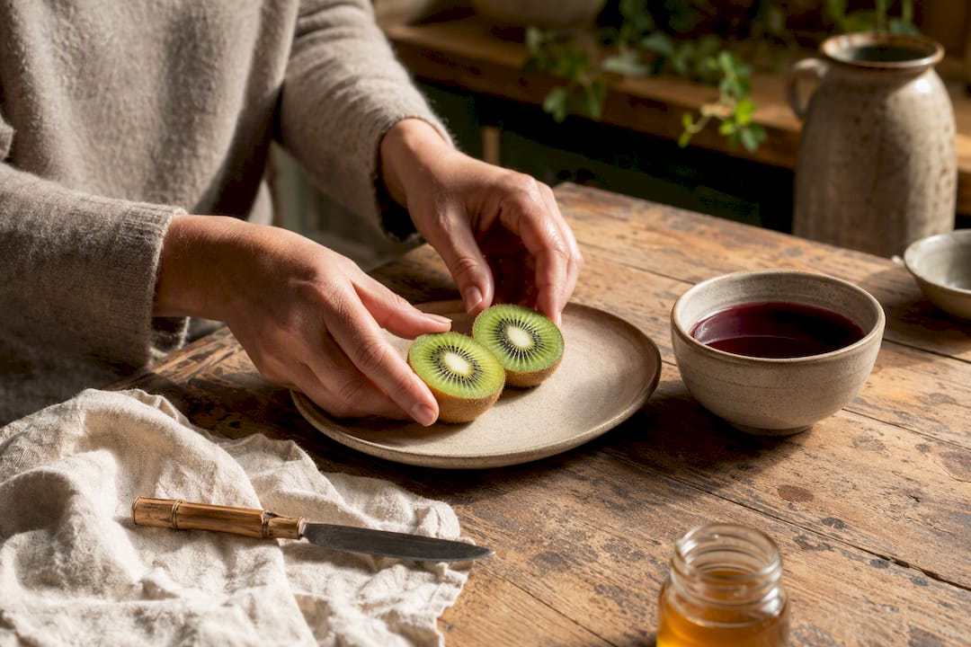 Hands plating sliced kiwifruit and cherry juice