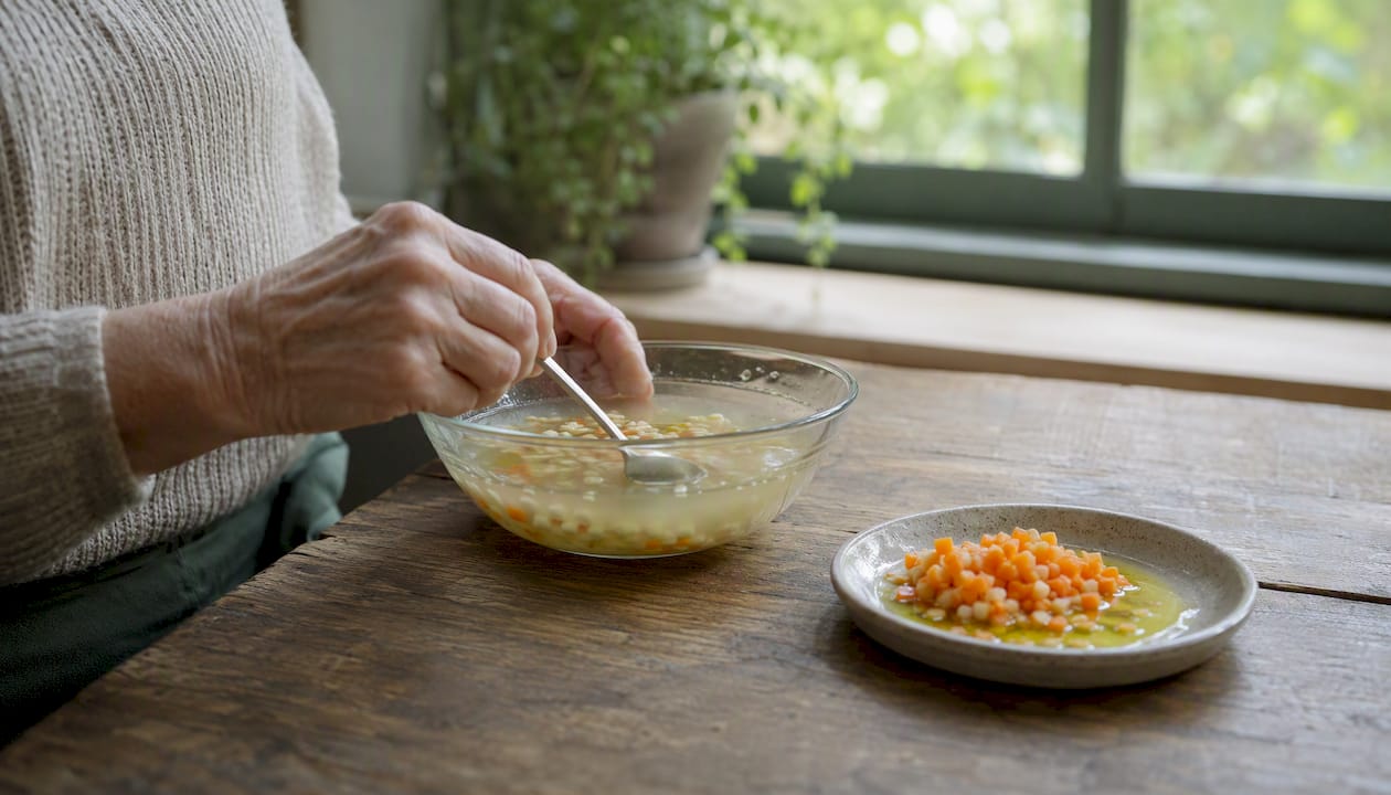 Hands pouring herbal tea beside soft foods