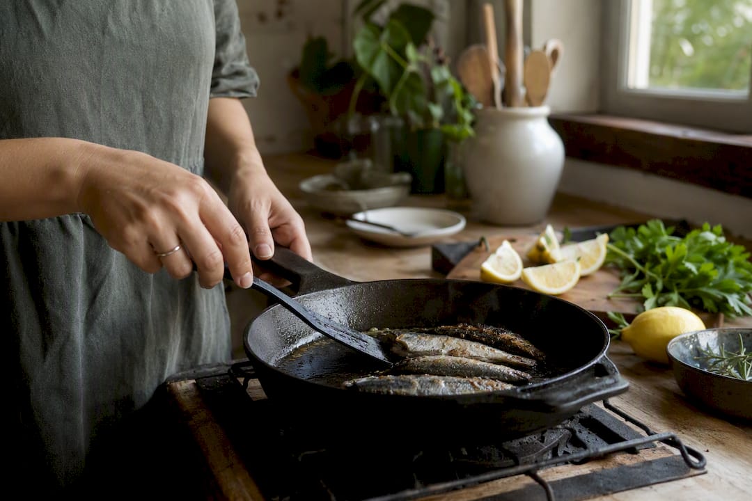 Hands cooking oily fish on a pan