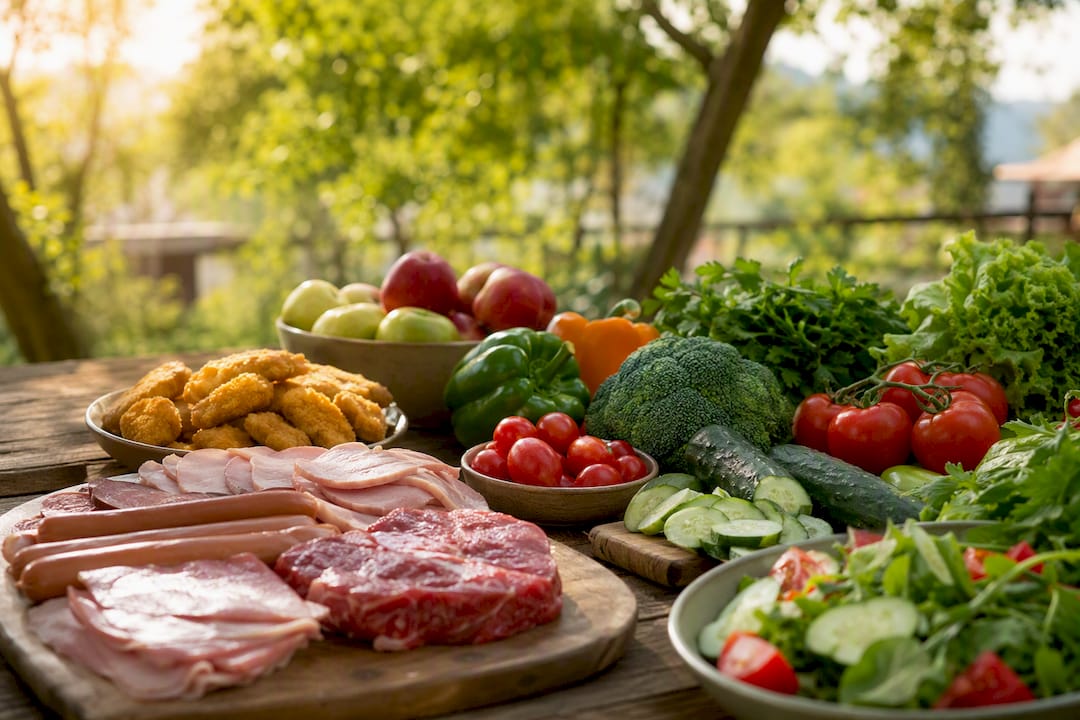 Processed foods and red meat on table