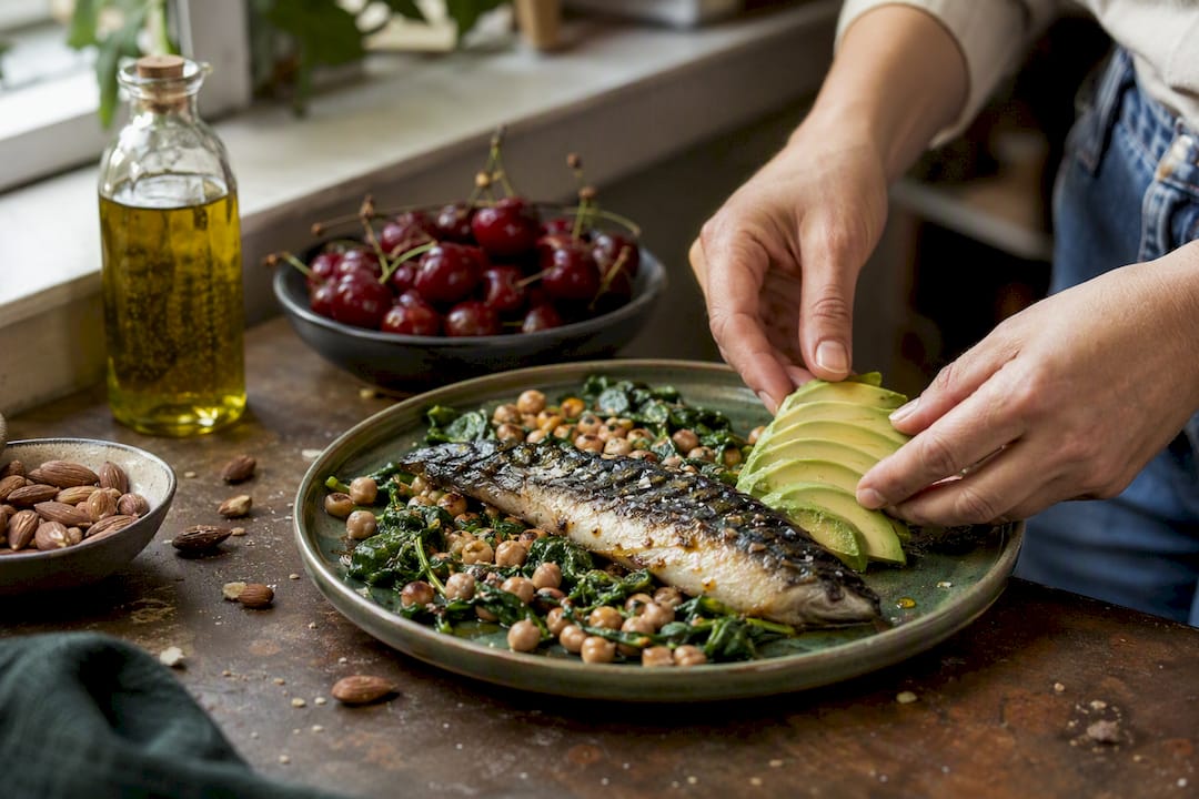 Plating anti-inflammatory meal with fish and greens