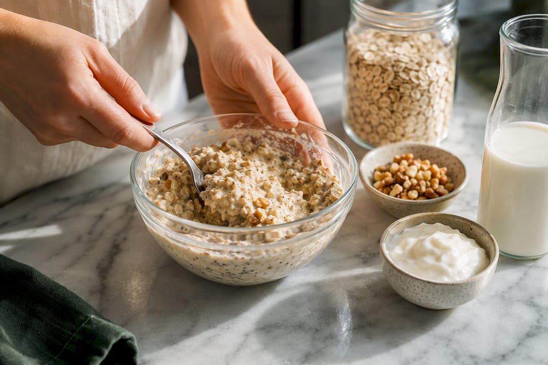 Hands preparing overnight oats with nuts and yoghurt
