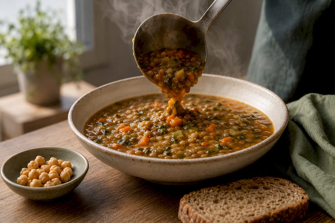 Lentil soup served as a sustaining lunch