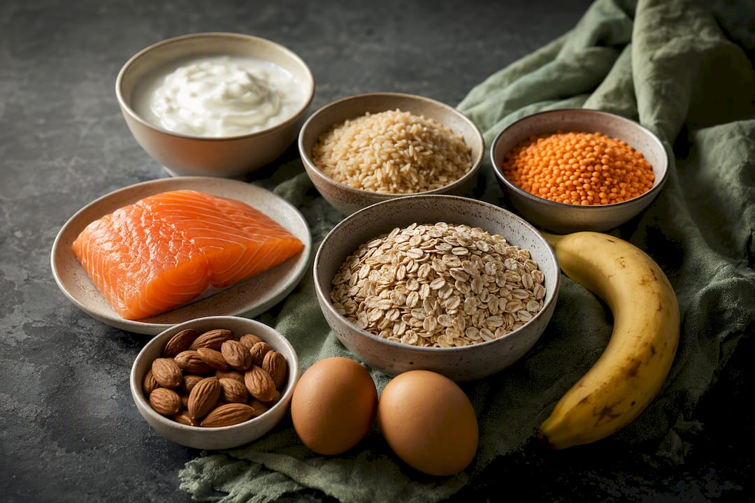 Energy-supporting foods arranged for an editorial spread