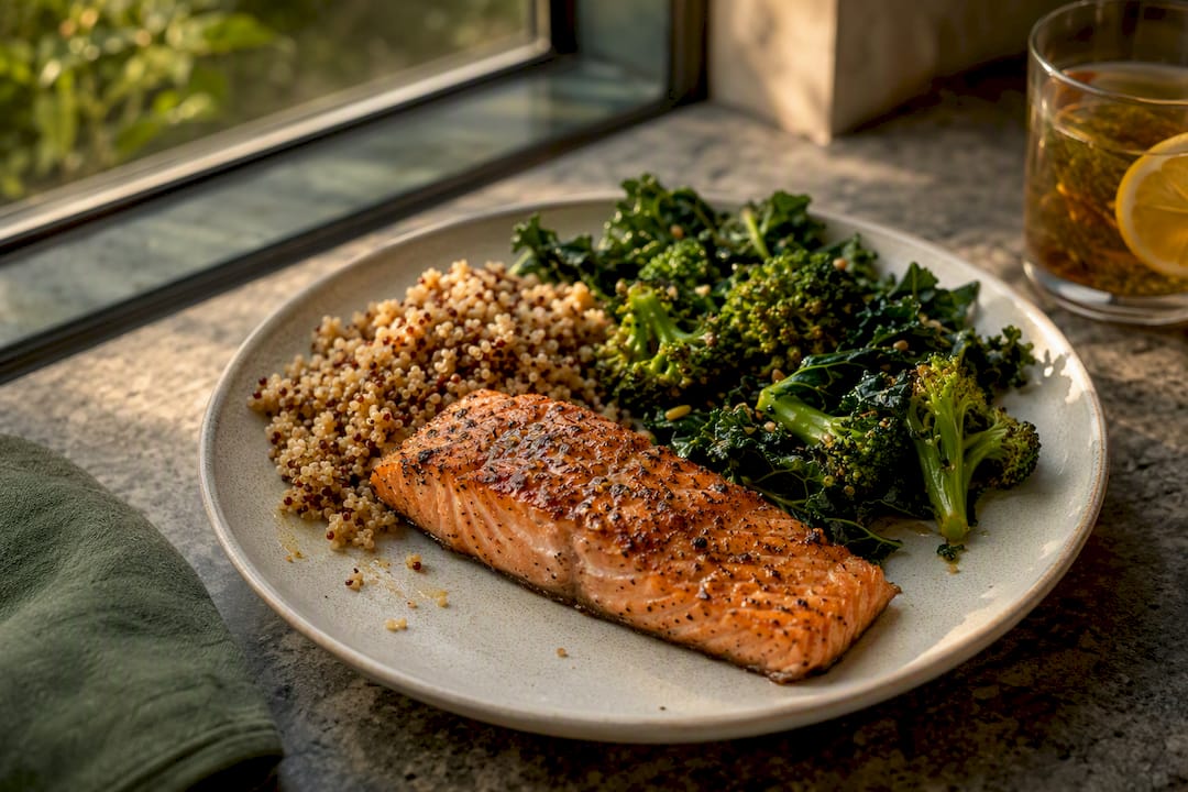 Fibroid friendly meal with salmon, quinoa and greens