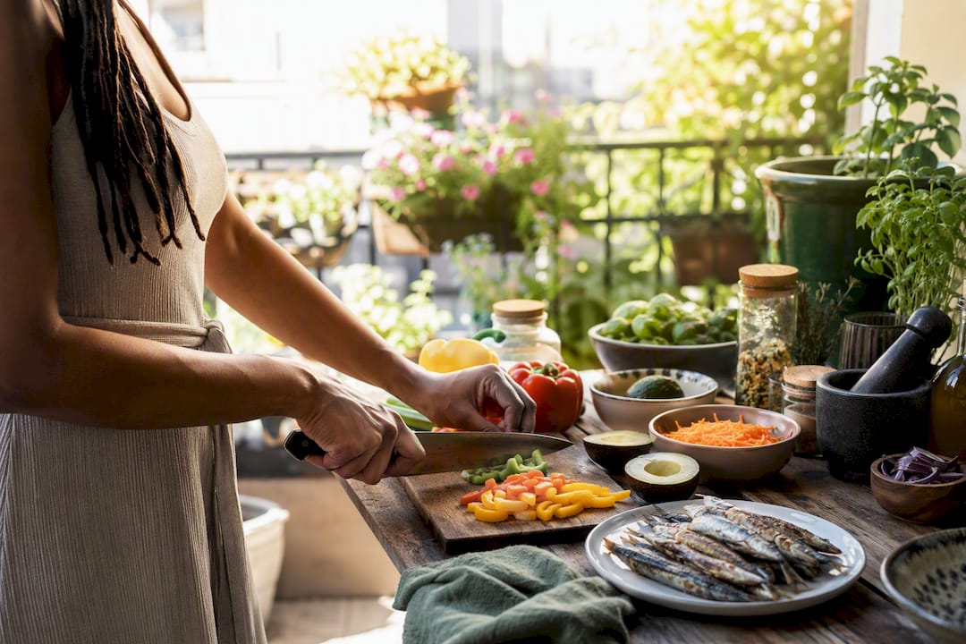 Hands chopping fresh vegetables for fibroid diet
