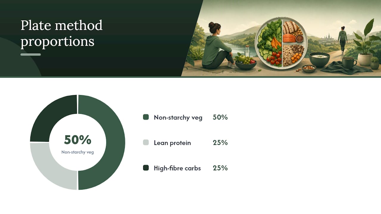 Preventive nutrition: meal timing and the plate method — overview diagram