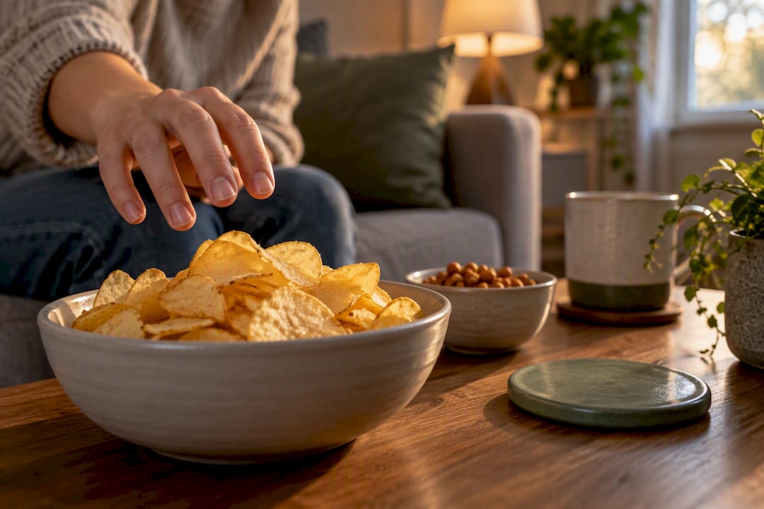 Hand pausing near crisps beside sofa