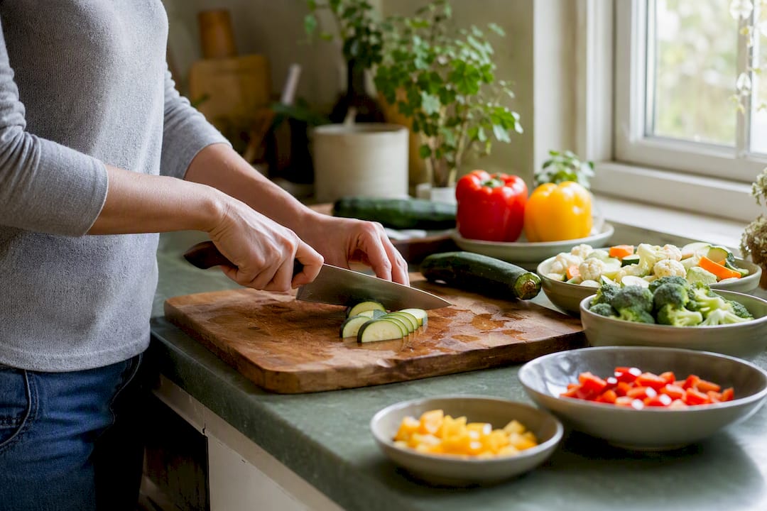 Hands chopping vegetables for low-fructose meal