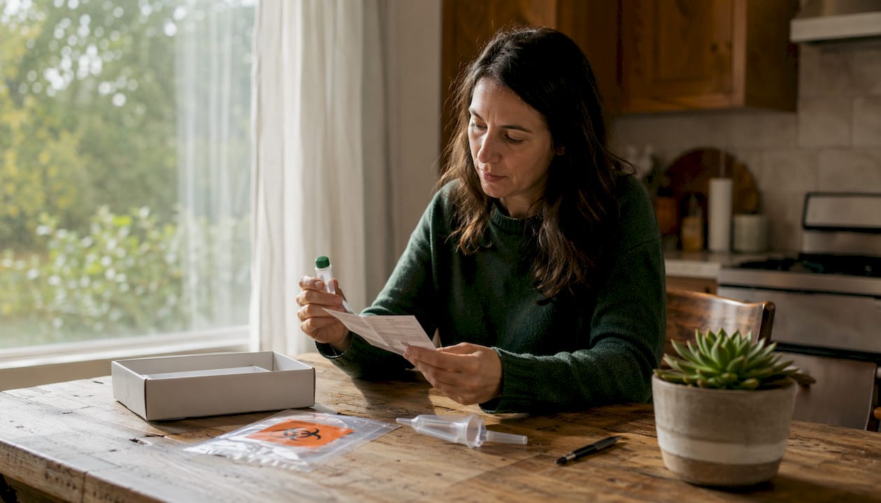 Person preparing GI-MAP test kit at kitchen table