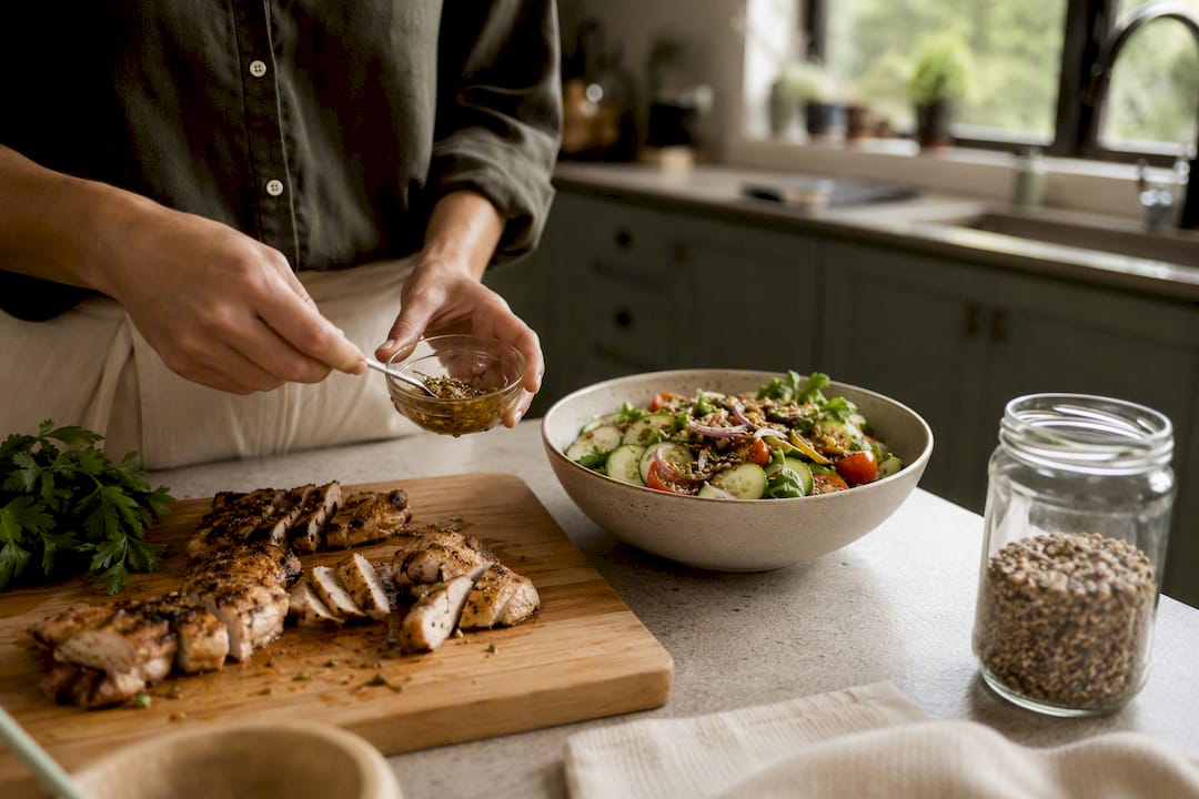 Hands preparing hormone-friendly meal