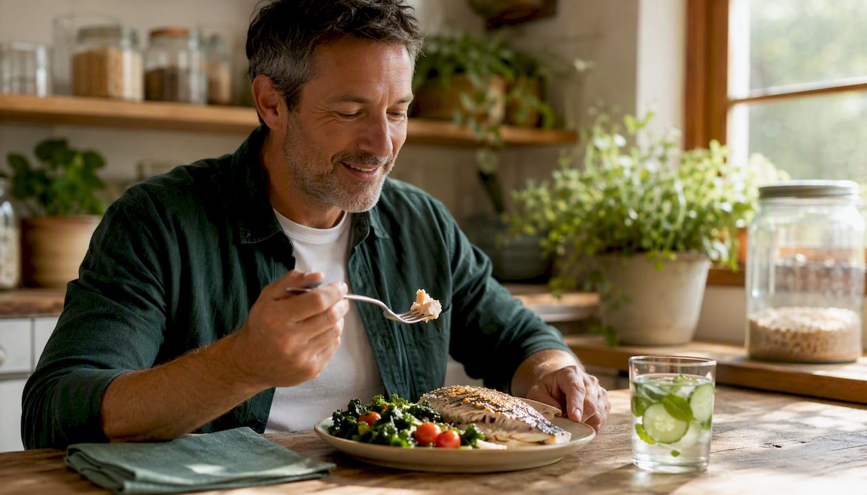 Man eating iron absorption enhancing meal