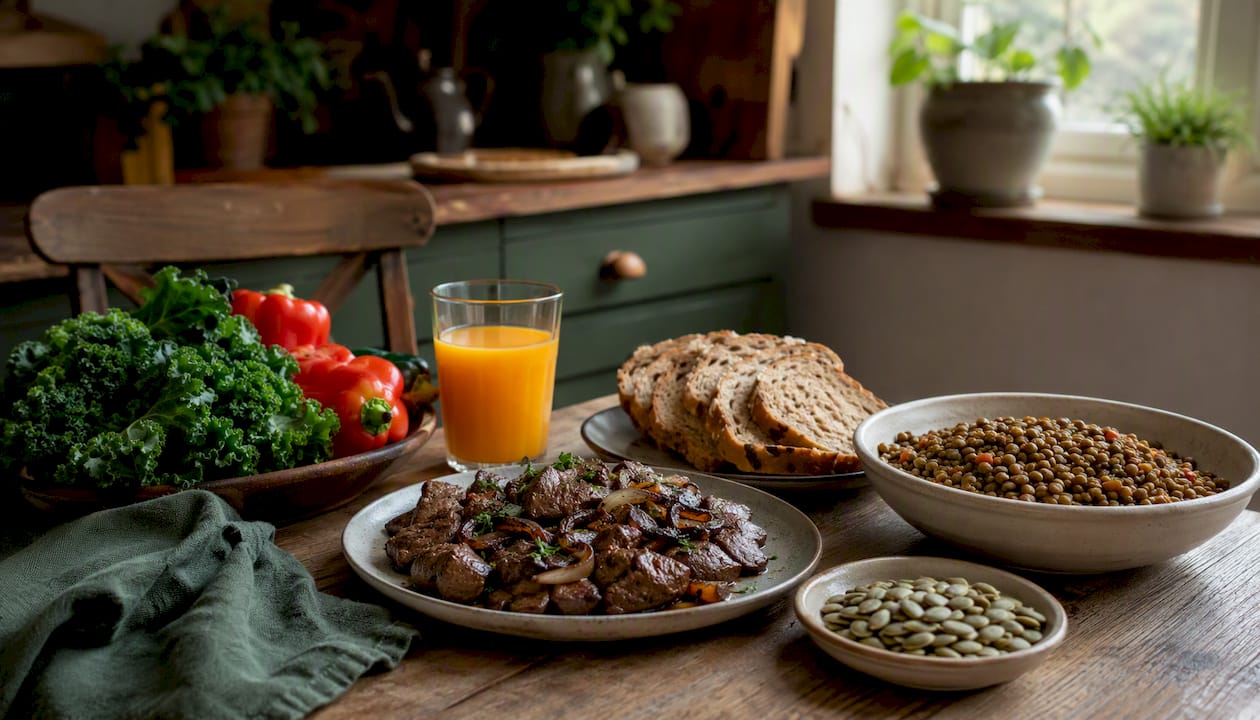 Table with UK iron-rich foods and orange juice