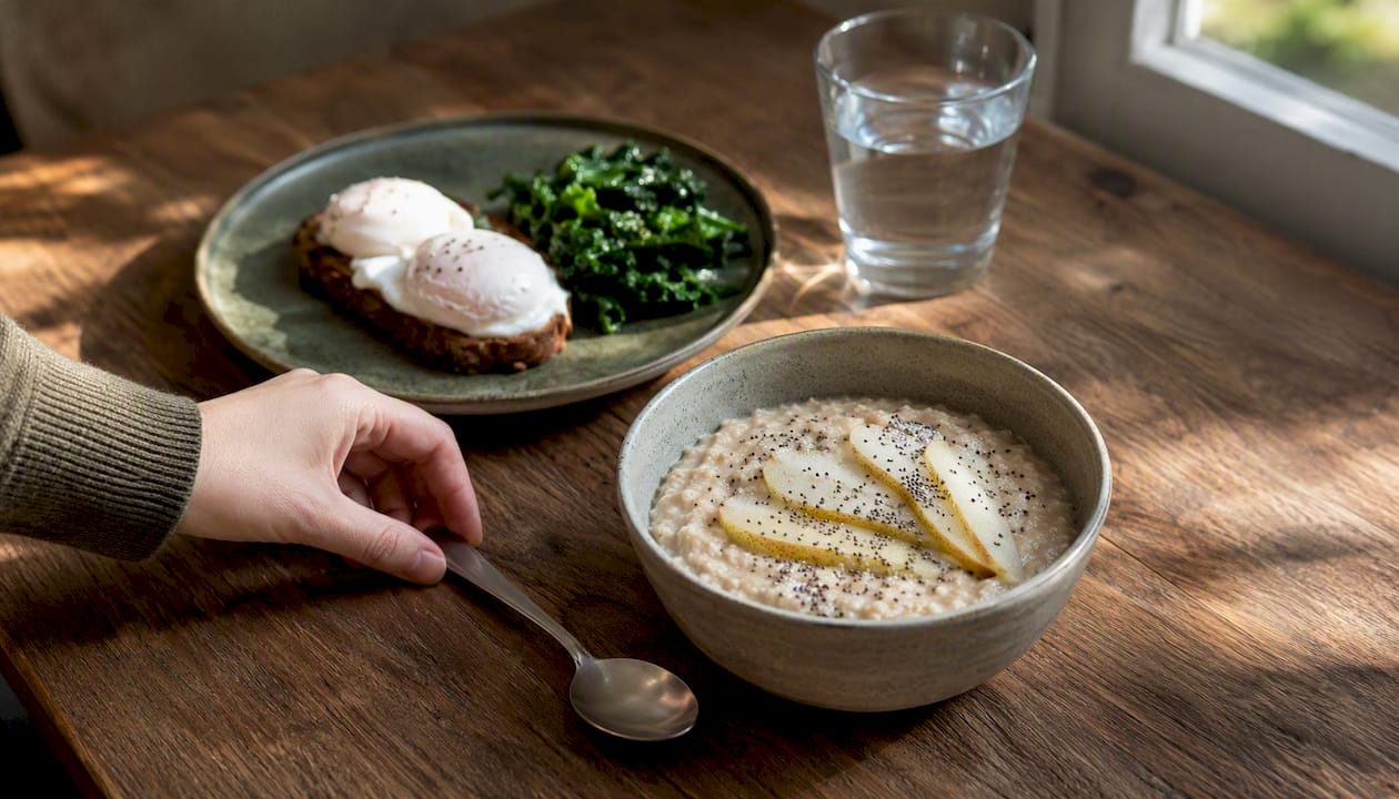 Low-acid breakfast on table with porridge and eggs