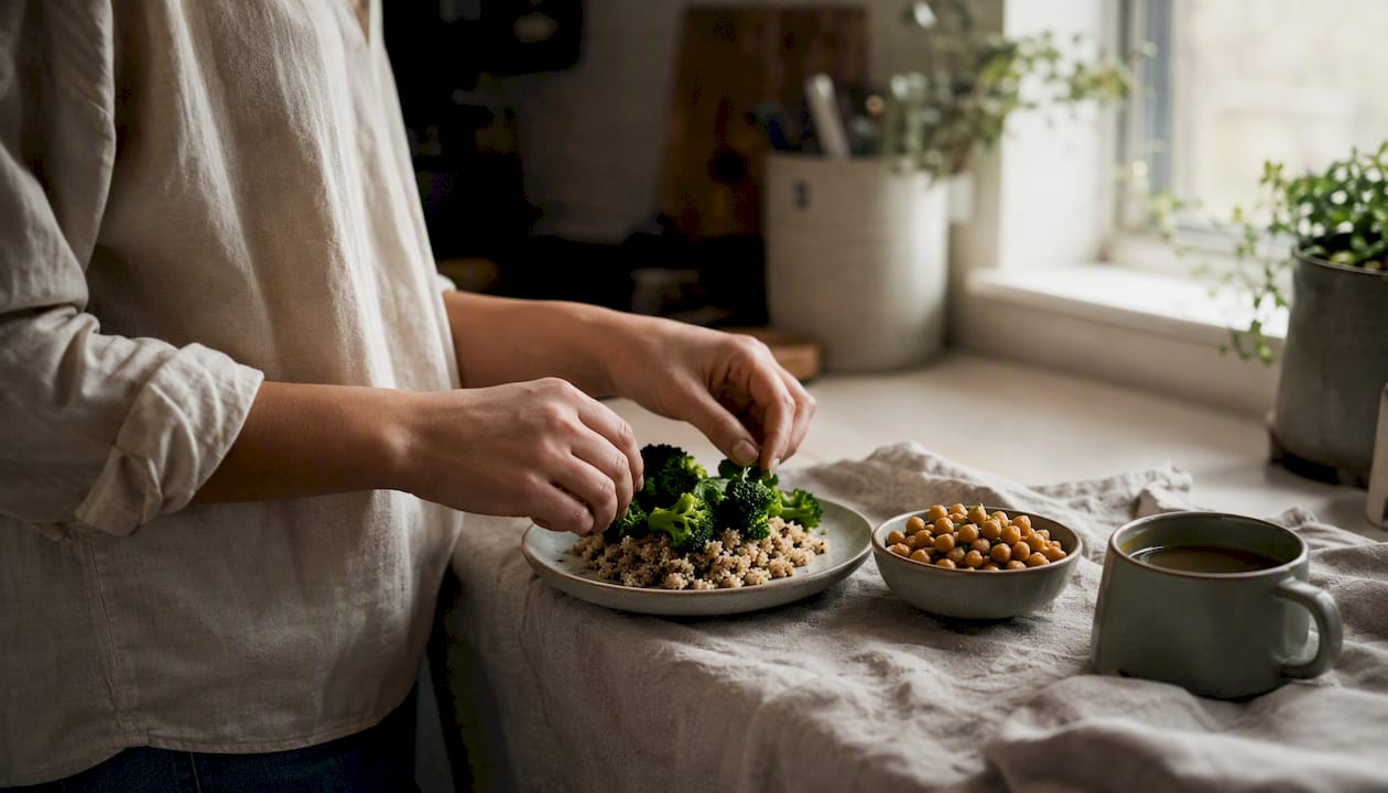 Hands plating low-acid reflux-friendly meal