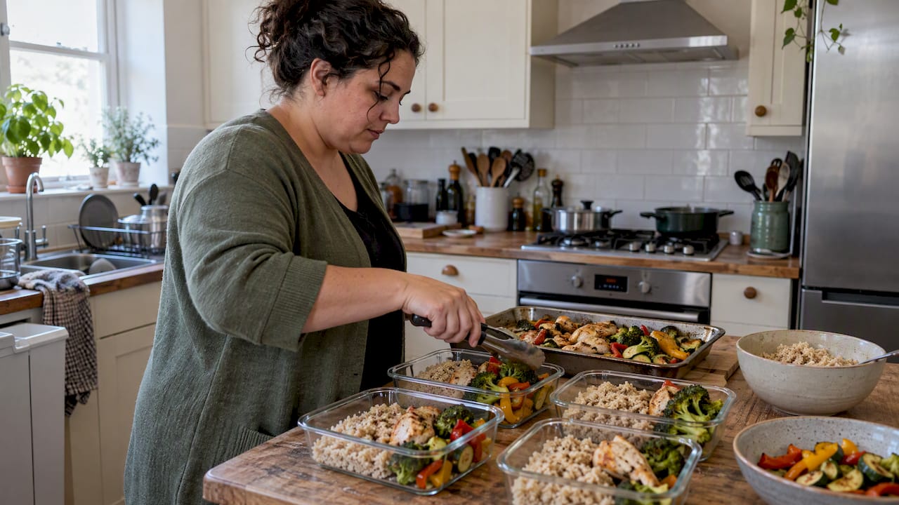 Woman portioning balanced meal prep containers