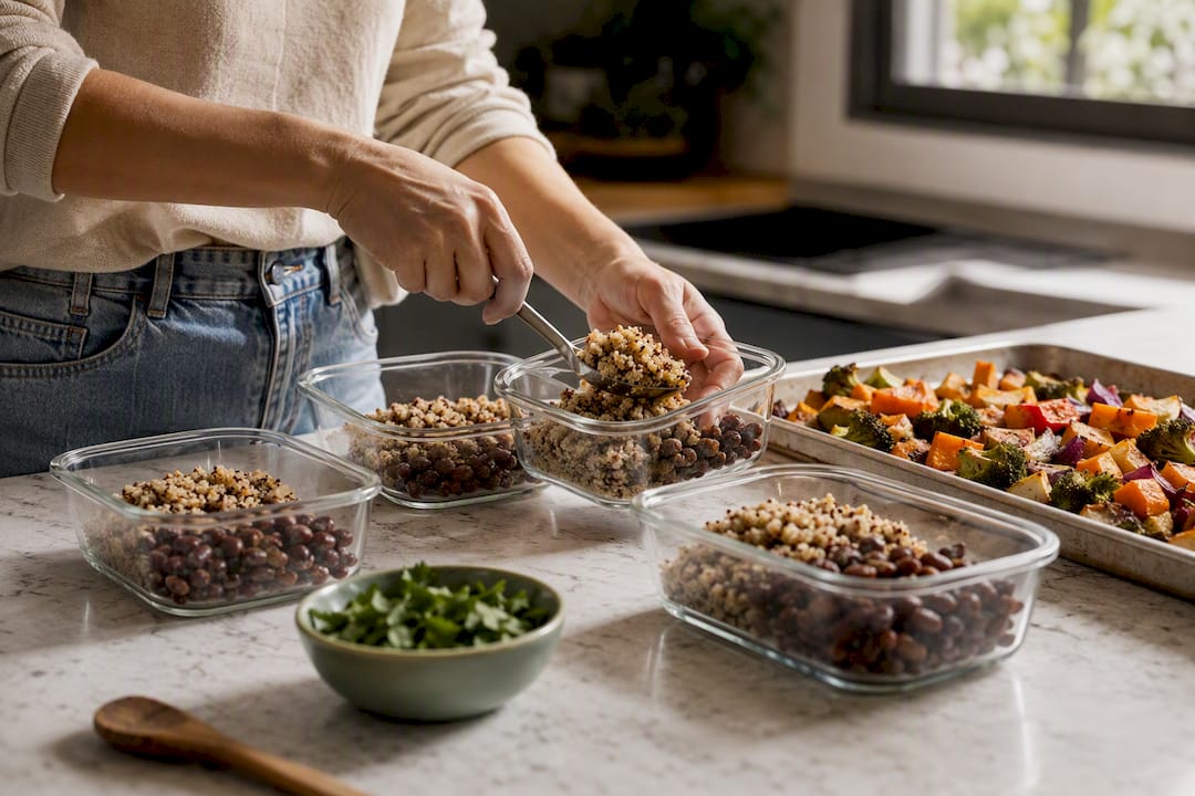 Batch-cooked grains beans and vegetables