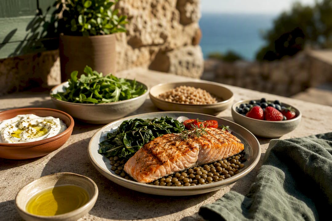 Mediterranean meal with salmon lentils and yoghurt
