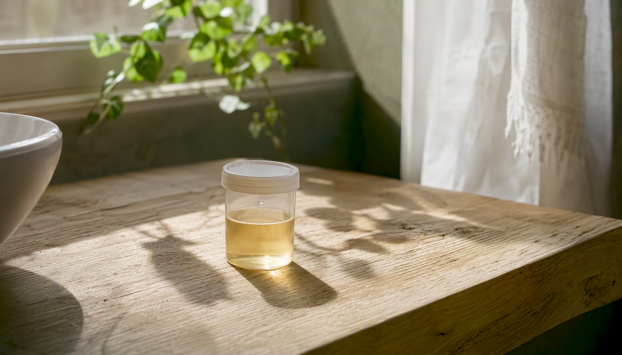 Hands holding urine sample container