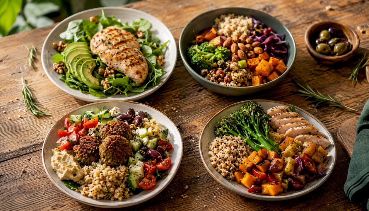 Four varied meal plates representing dietary patterns