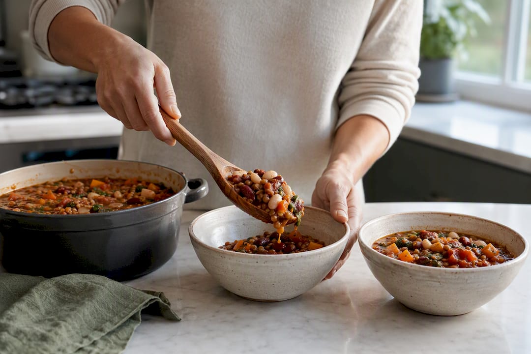 Batch-cooked bean and lentil stew portions