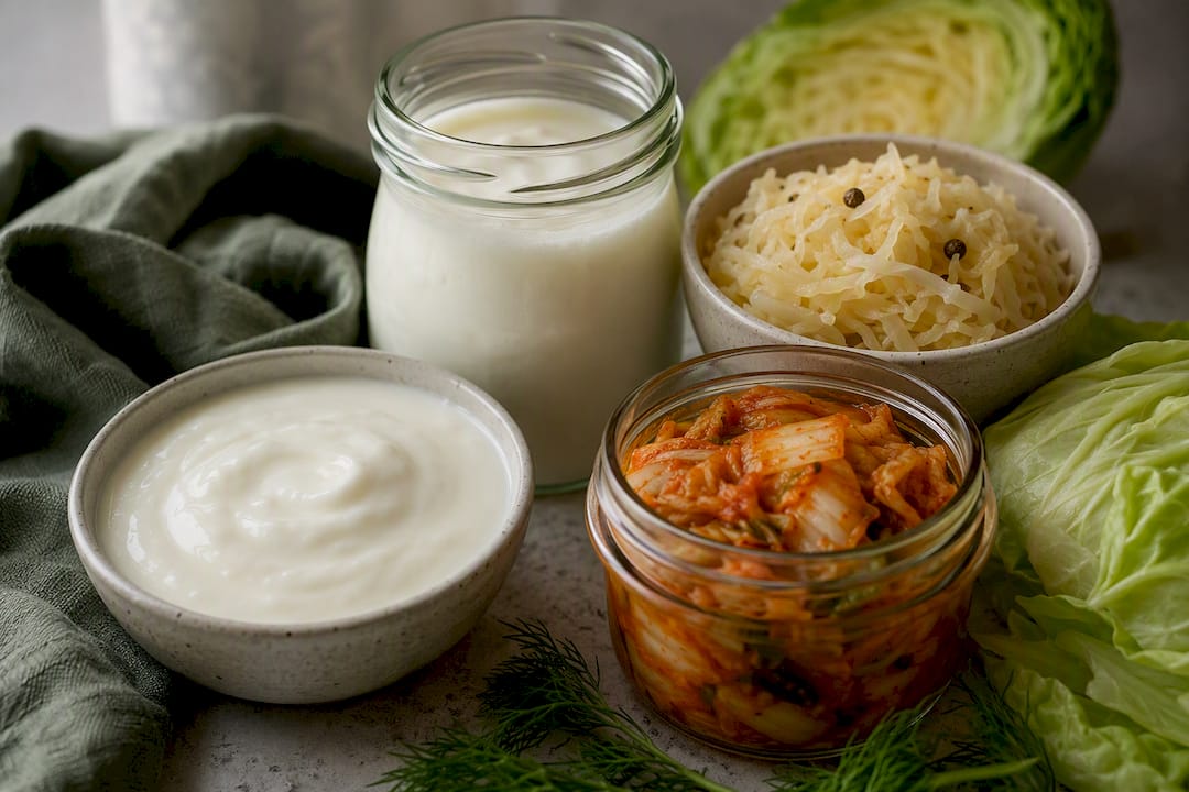 Fermented foods including yoghurt and kimchi