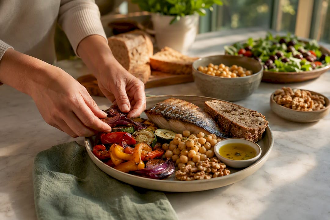 Mediterranean-style plate with vegetables and wholegrains