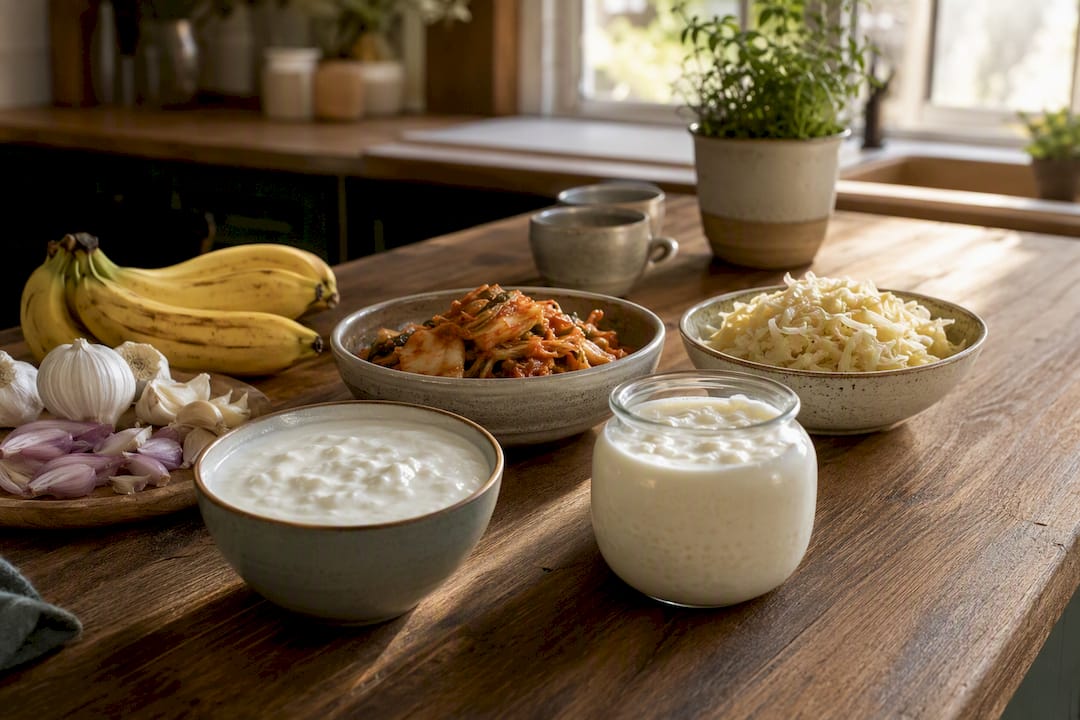 Fermented foods and prebiotic fibers on wooden table