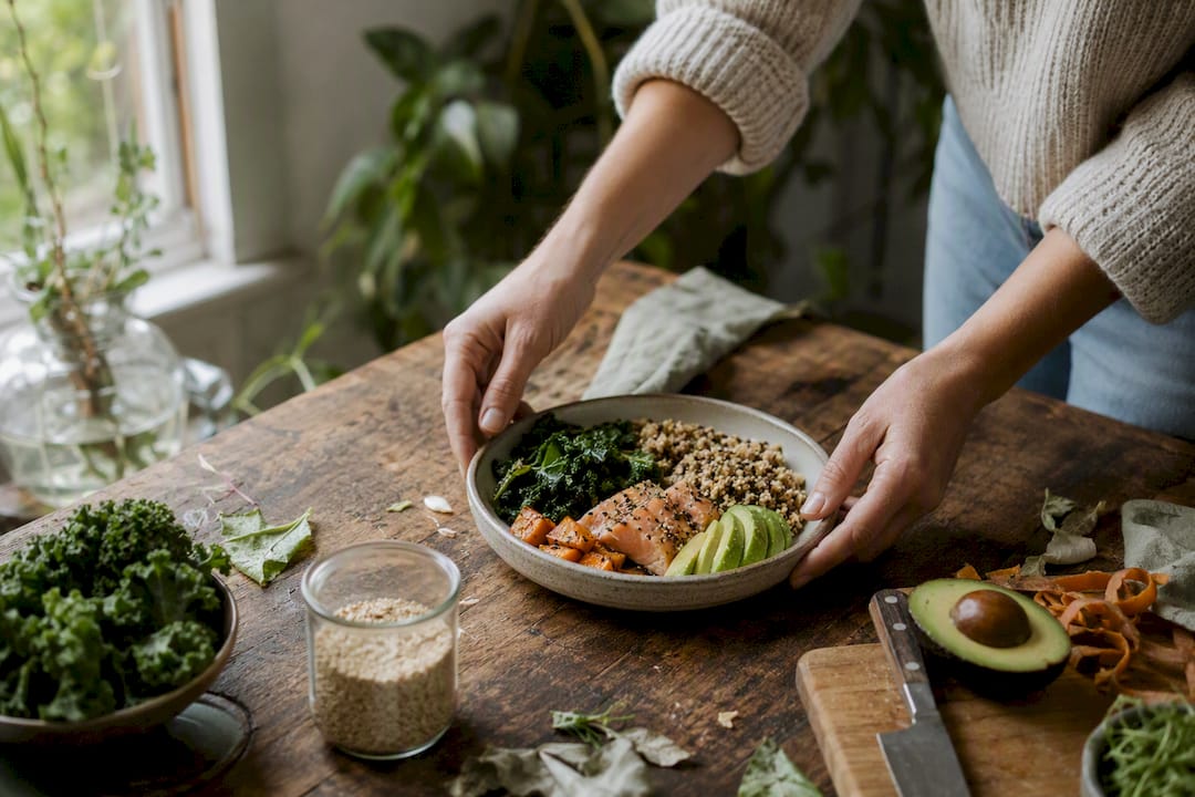 Hands assembling a balanced meal in kitchen