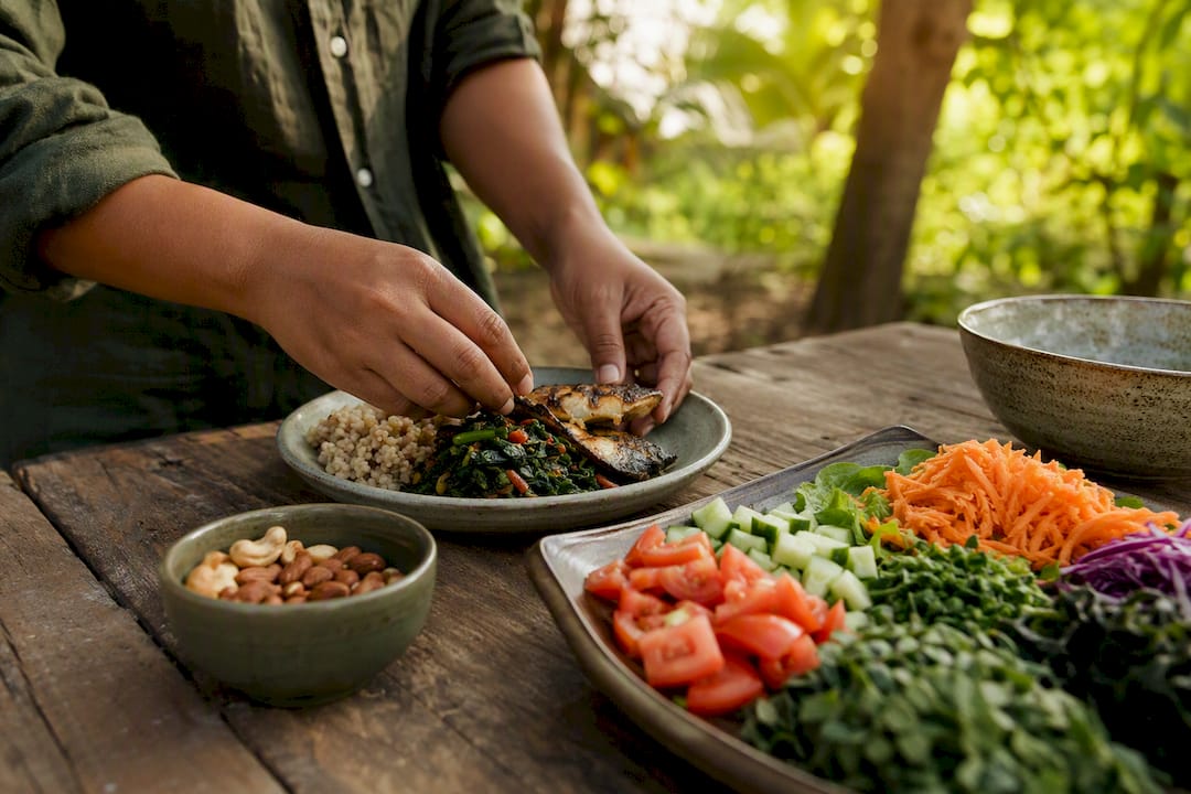 Hands plating oily fish and vegetables meal