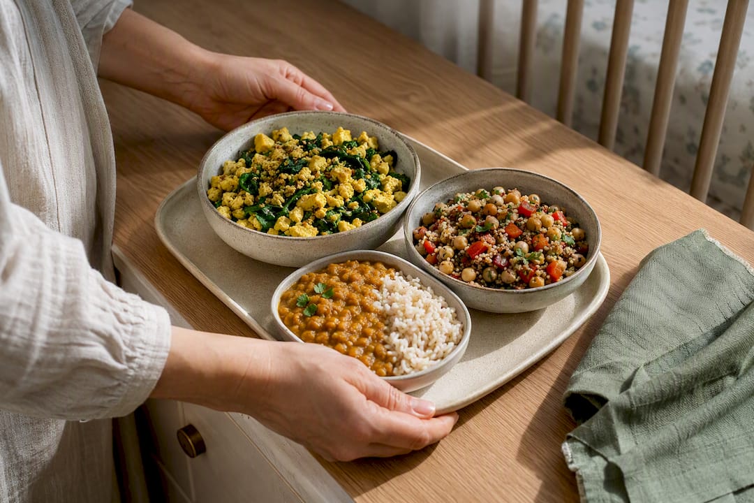 Plant-based postpartum meals arranged together