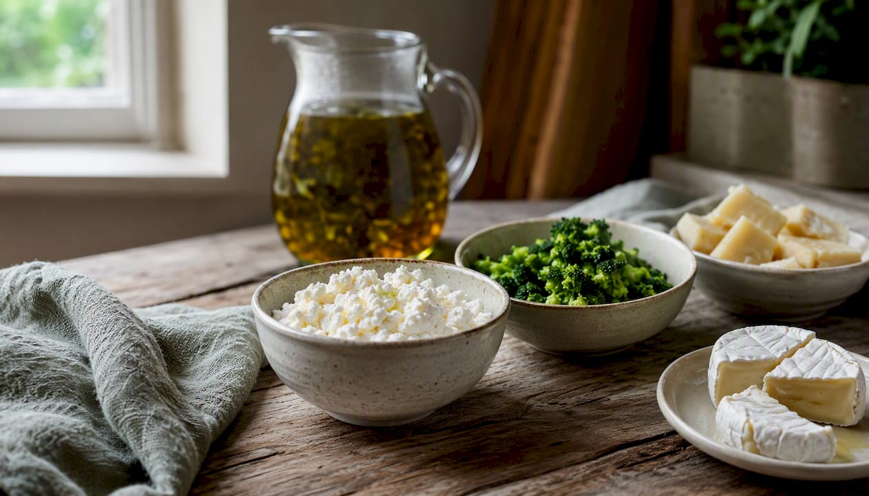 Calcium-rich foods arranged on kitchen surface