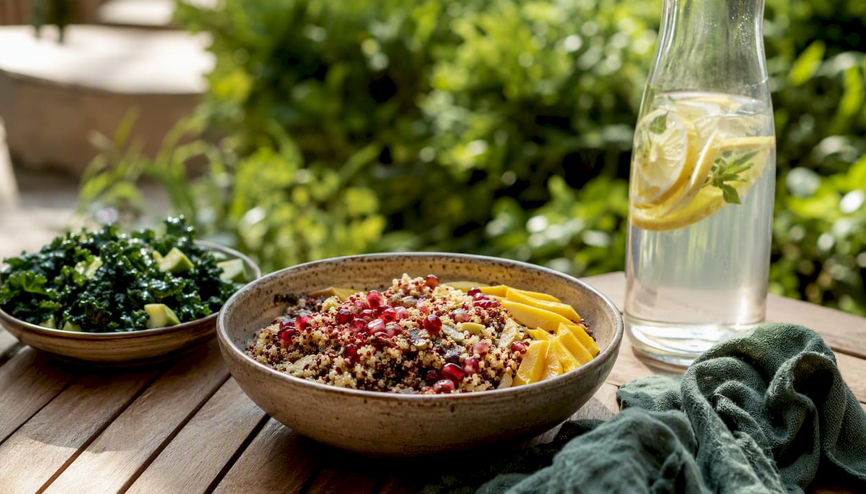Lentils with lemon wedges and orange slices on table