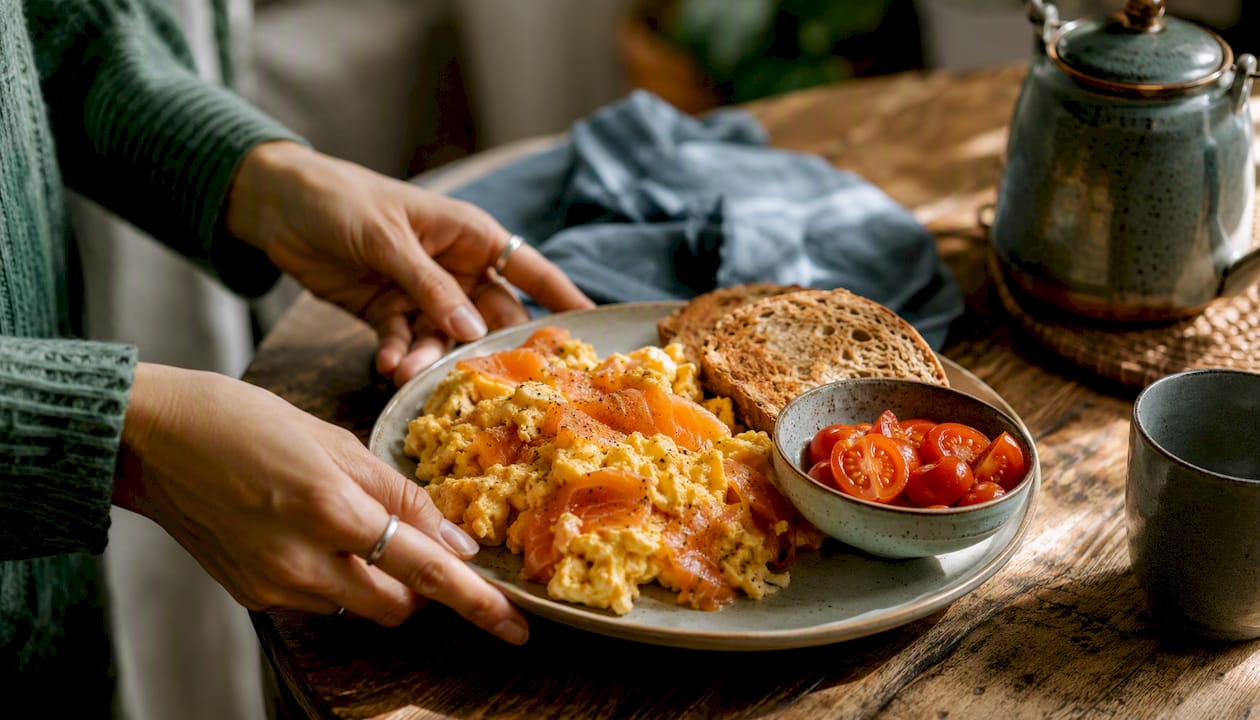 UK breakfast plate with scrambled eggs and smoked salmon