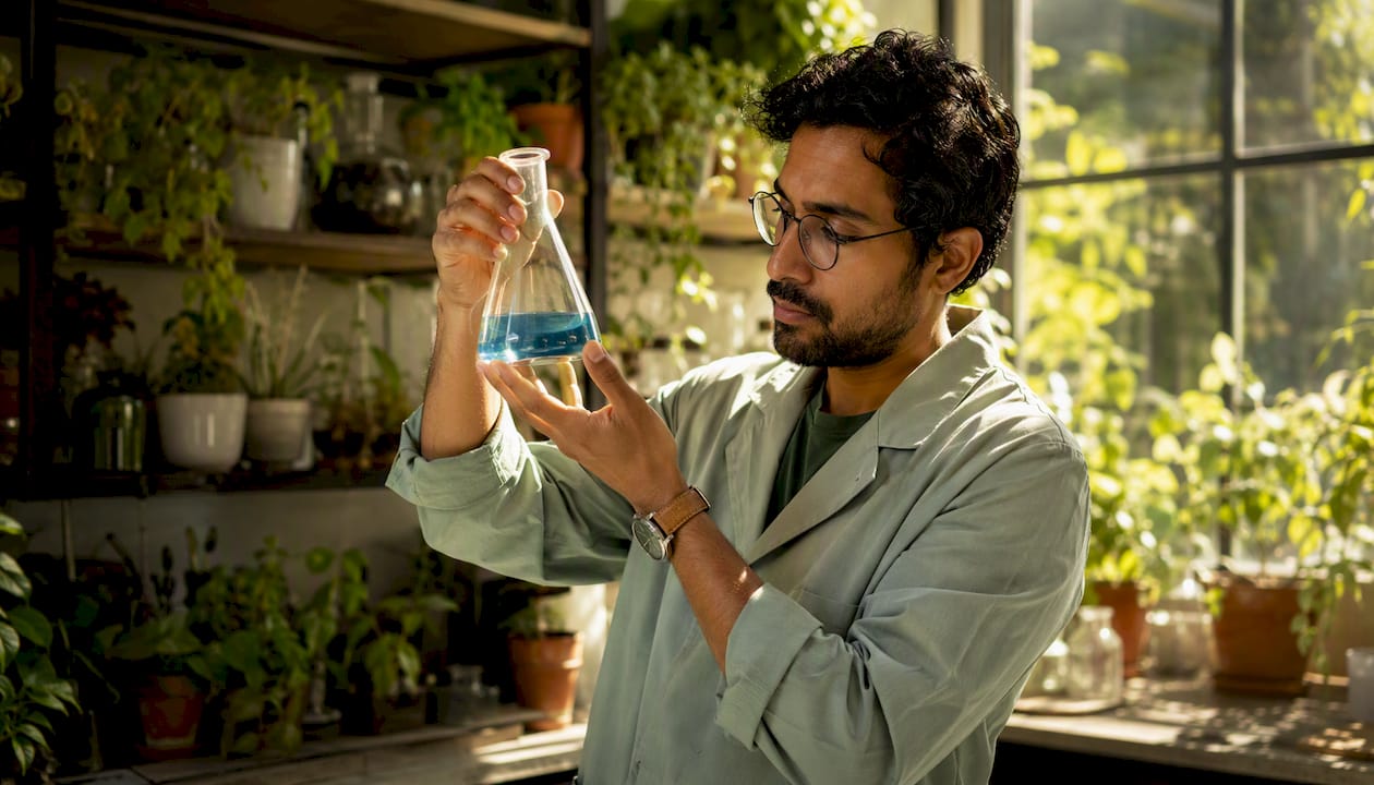 Scientist holding flask in lab studying protein signals