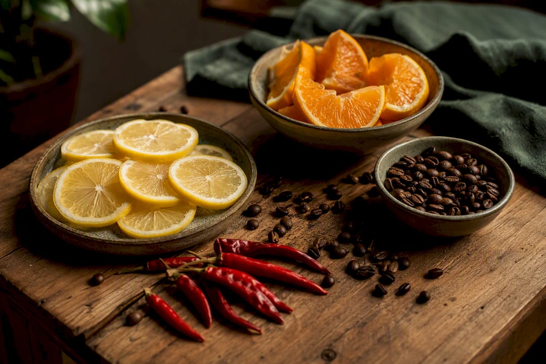 Reflux-triggering foods on rustic wooden table