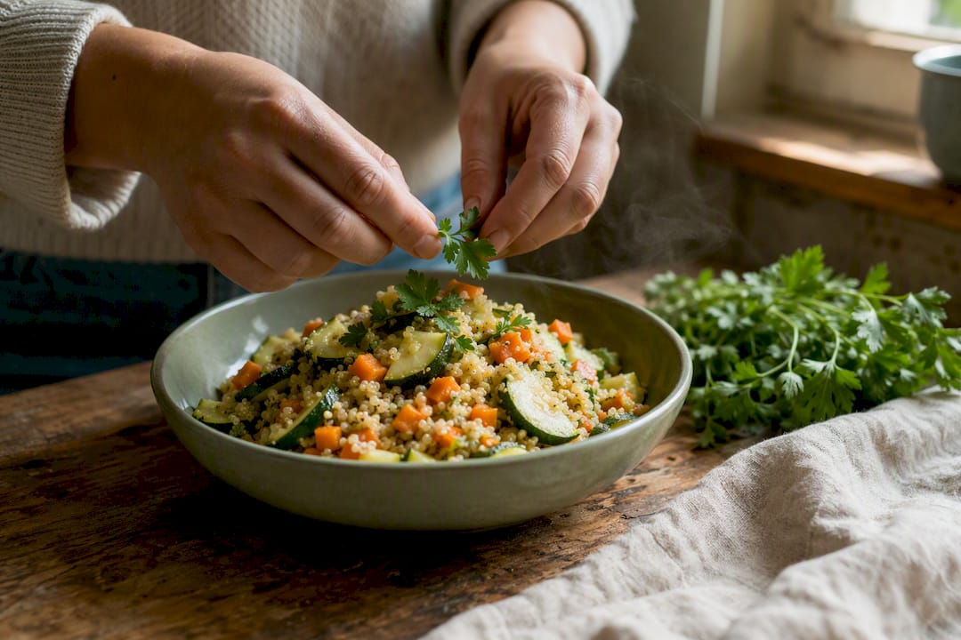 Hands plating cooked reflux-friendly vegetables and quinoa