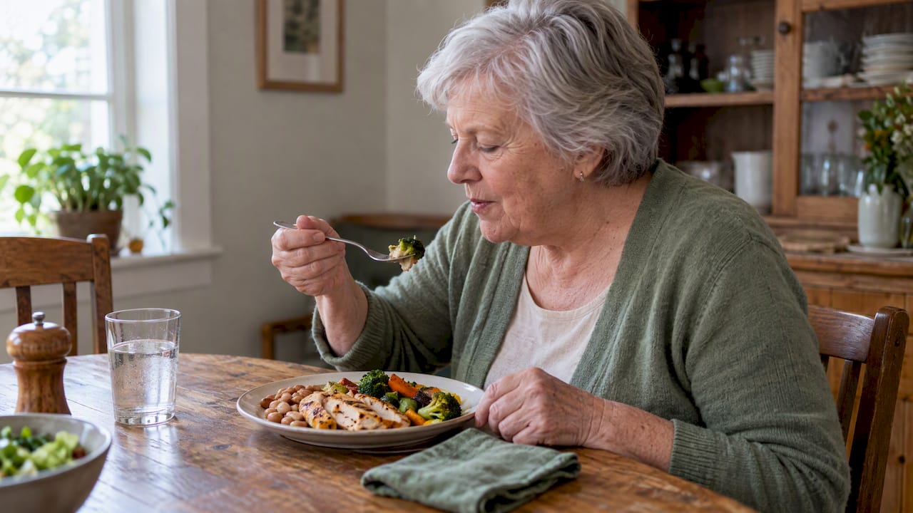 Older woman eating a protein-rich lunch