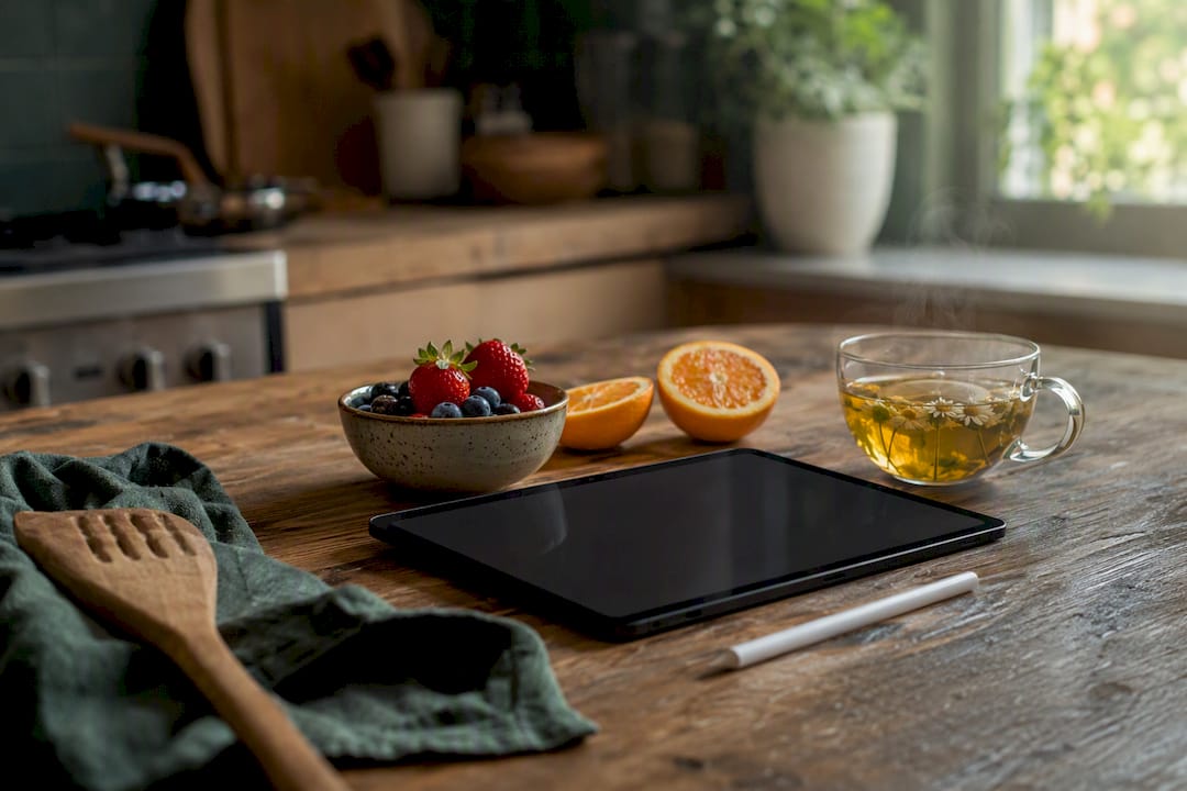 Tablet and fresh fruits for symptom tracking