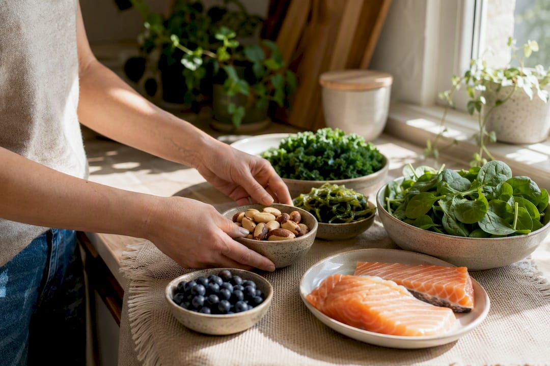 Hands arranging thyroid-supportive foods on plate